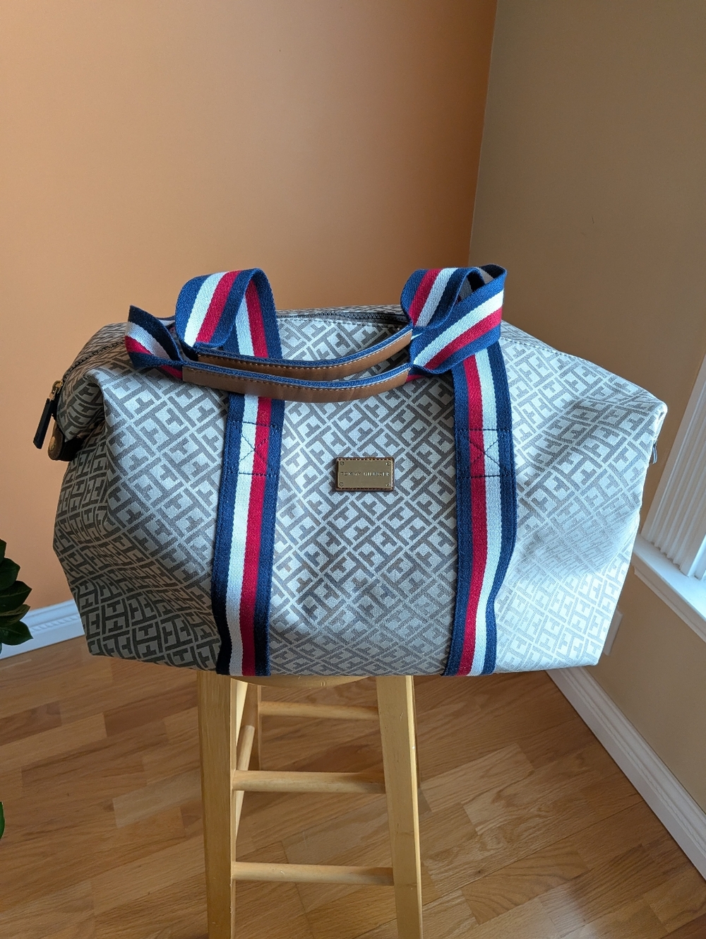 Tommy Hilfiger Gray Monogram Travel Weekender with Red, White & Blue Straps